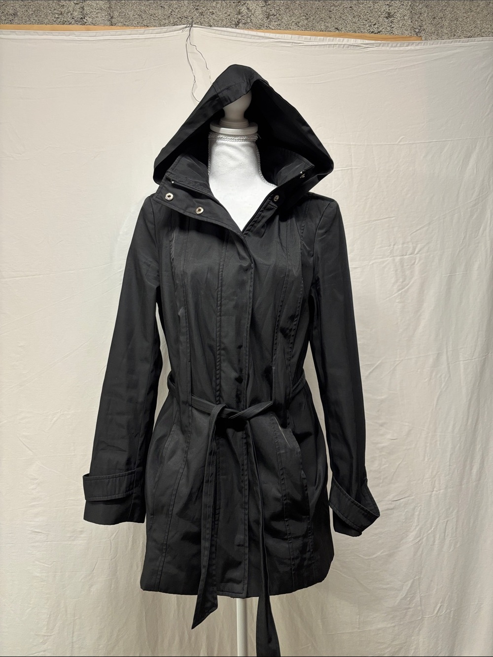 Calvin Klein Black Hooded Tie-Waist Trench Coat